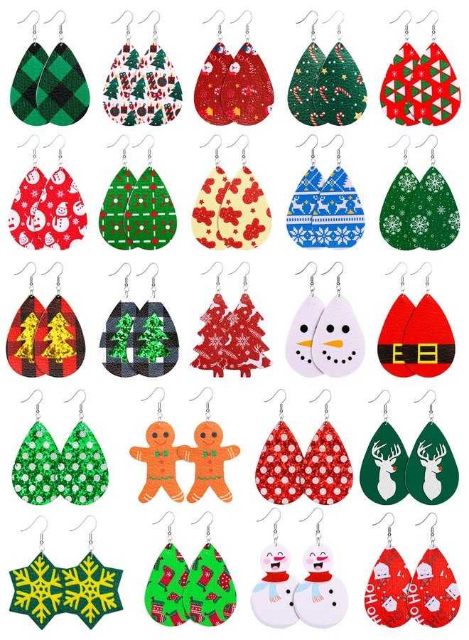 Japior 23 Pairs Christmas Leather Earrings for Women Faux Leather Earrings Multipack Christmas Tree Snowflake Glitter Star Teardrop Holiday Earrings - Image 1